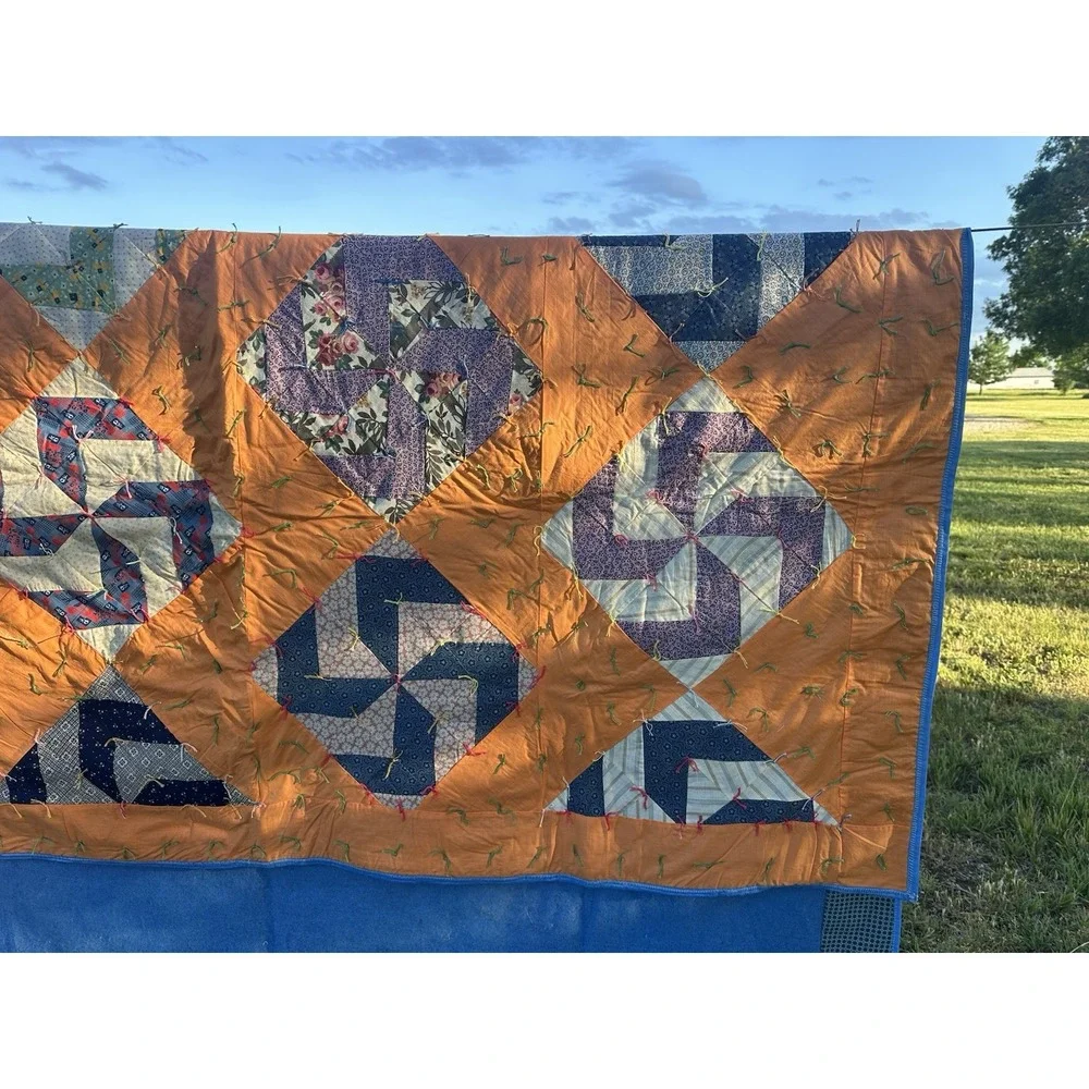 Vintage Hand Stitched Pinwheel Quilt, Approximately 68